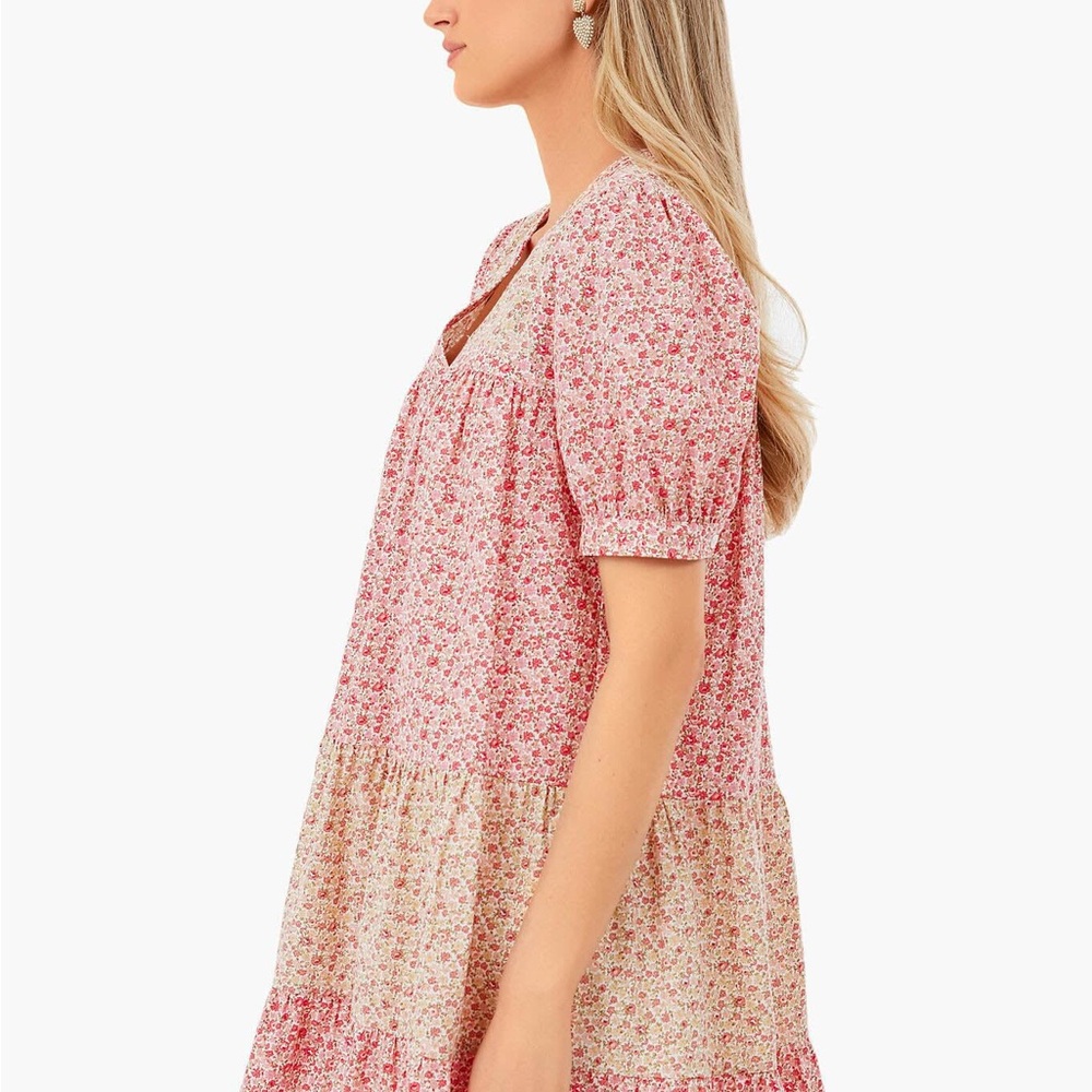 Floral Puff-Sleeve Tiered Mini Dress in Pink - Picture 2 of 7